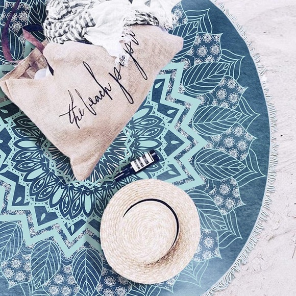 Blue White Floral Mandala Hippie Beach/Pool Towel/Blanket, Bedspread/Mat - Picture 6 of 6